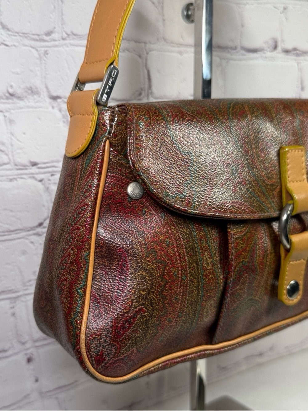 Vintage Etro Paisley Leather Lime Green Trim Purple Interior Silver Hardware EUC - Picture 3 of 13